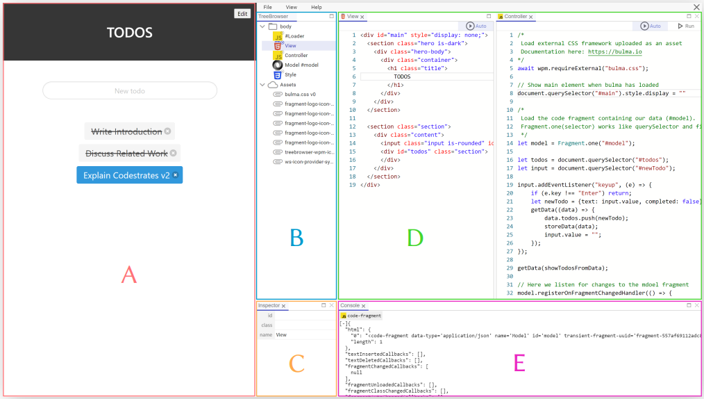 Overview of Cauldron: Cauldron in its docked layout allows to see the application (A) to the side. Fragments and assets can be browsed in the Tree Browser (B) and inspected and renamed using the Inspector (C). Tabbed editors (D) allow to display code editors in a flexible way. The integrated console (E) allows to inspect logs without leaving Cauldron. (Cauldron can also be used full screen or floating.)